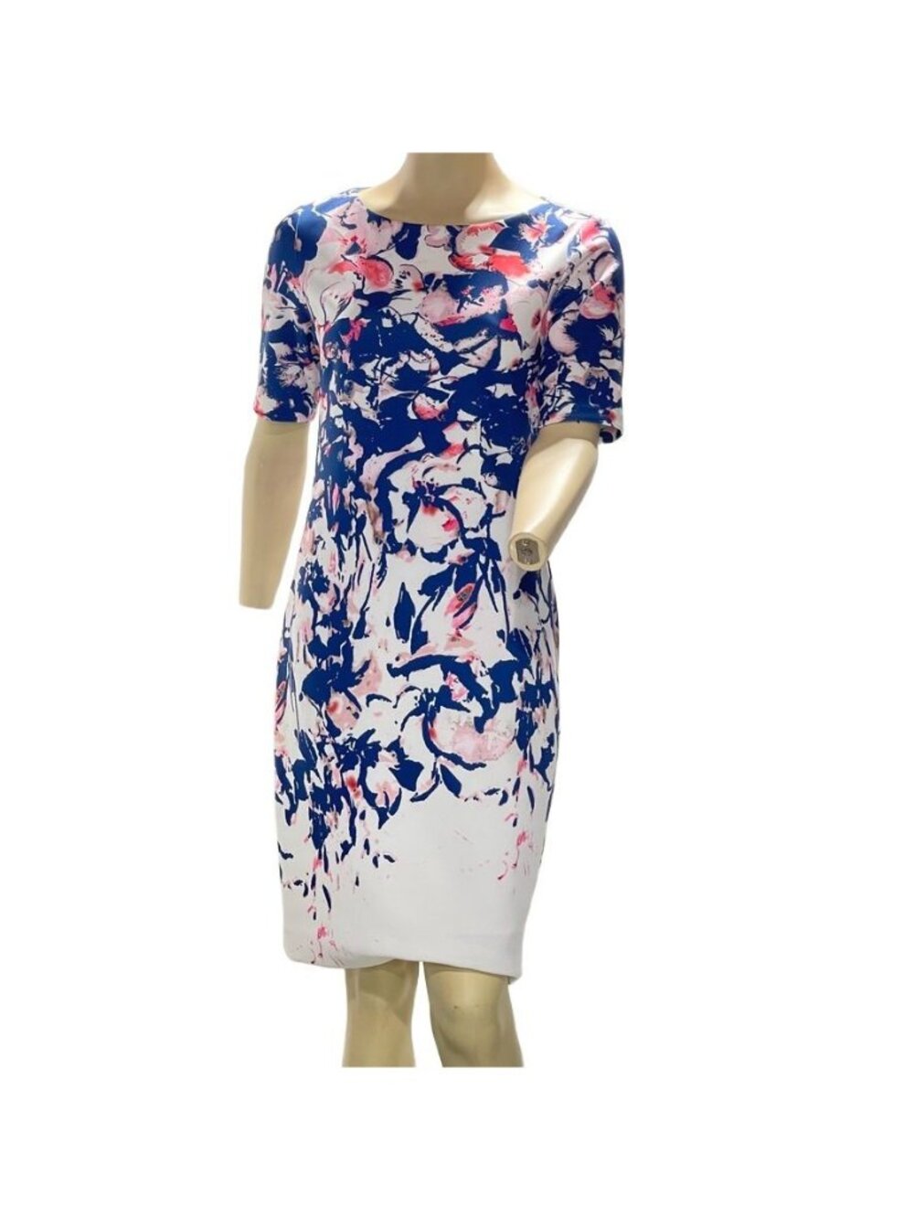 Alex Marie Floral Print Sheath Dress Size 4 Blue & Pink Short Sleeve Knee-Length